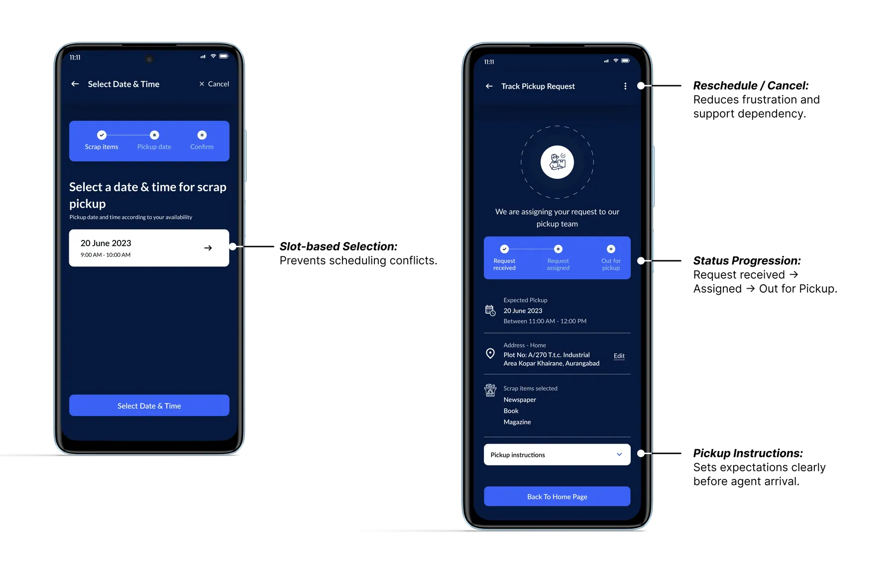 Customer app - schedule slot and track pickup with annotations