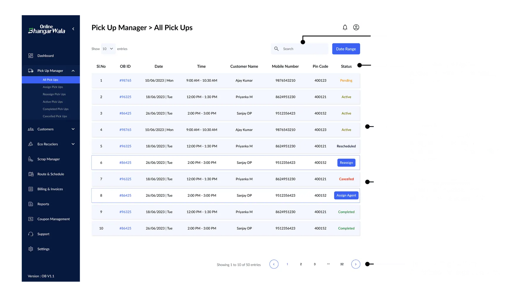 Admin portal - all pickups list with annotations