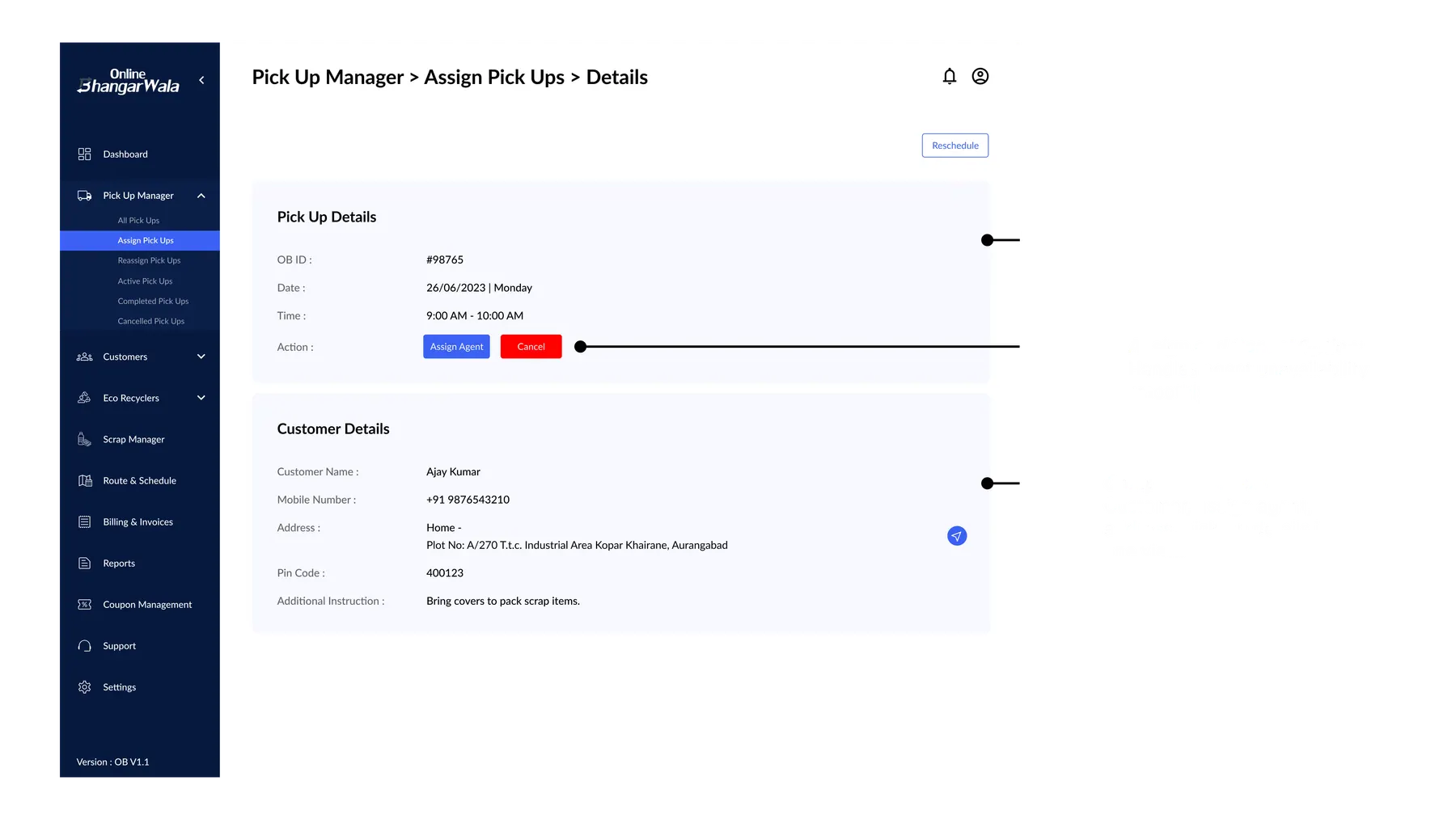 Admin portal - assign pickups details with annotations