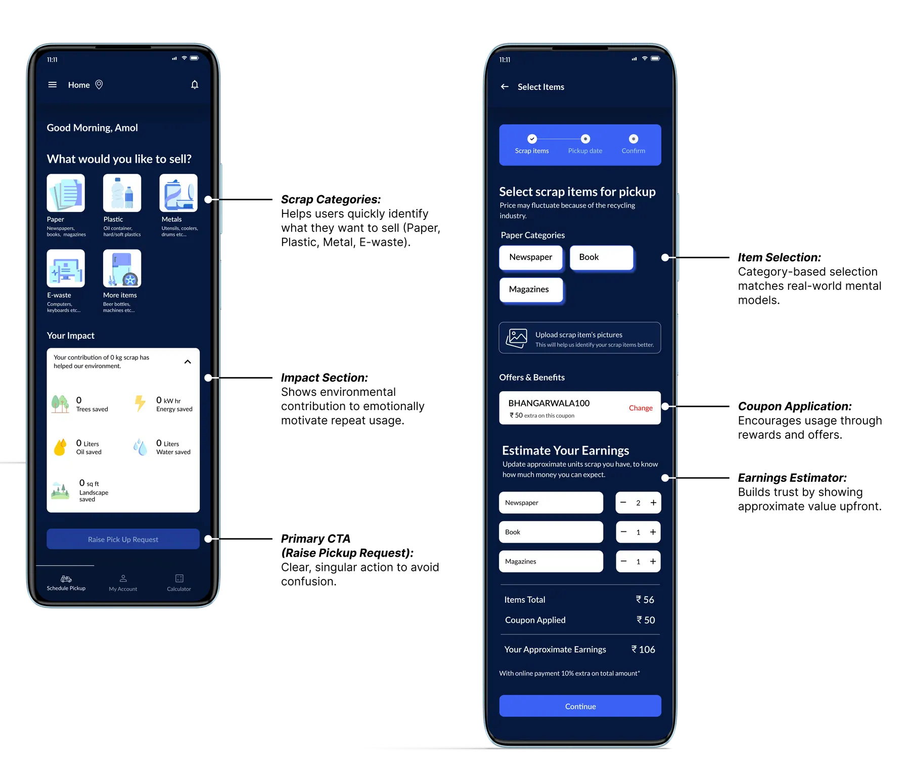 Customer app - home categories and item selection with annotations
