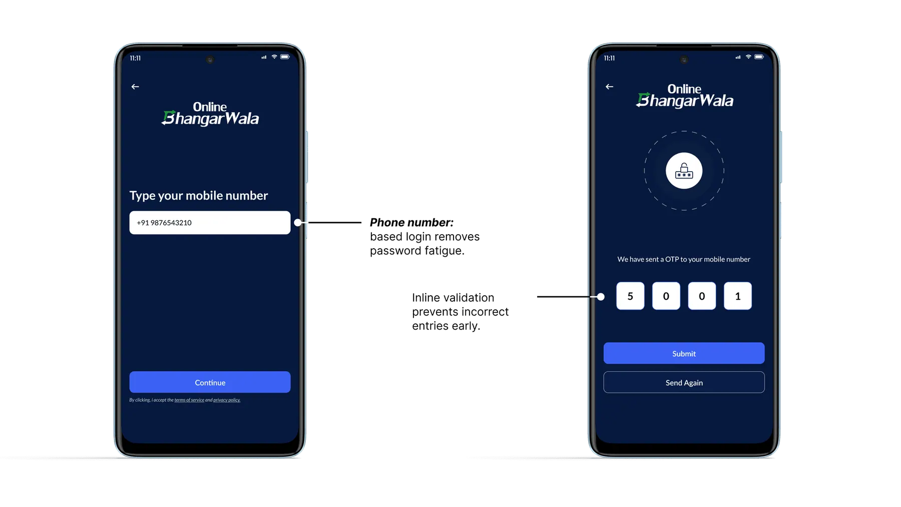 Customer app - phone login and OTP with annotations