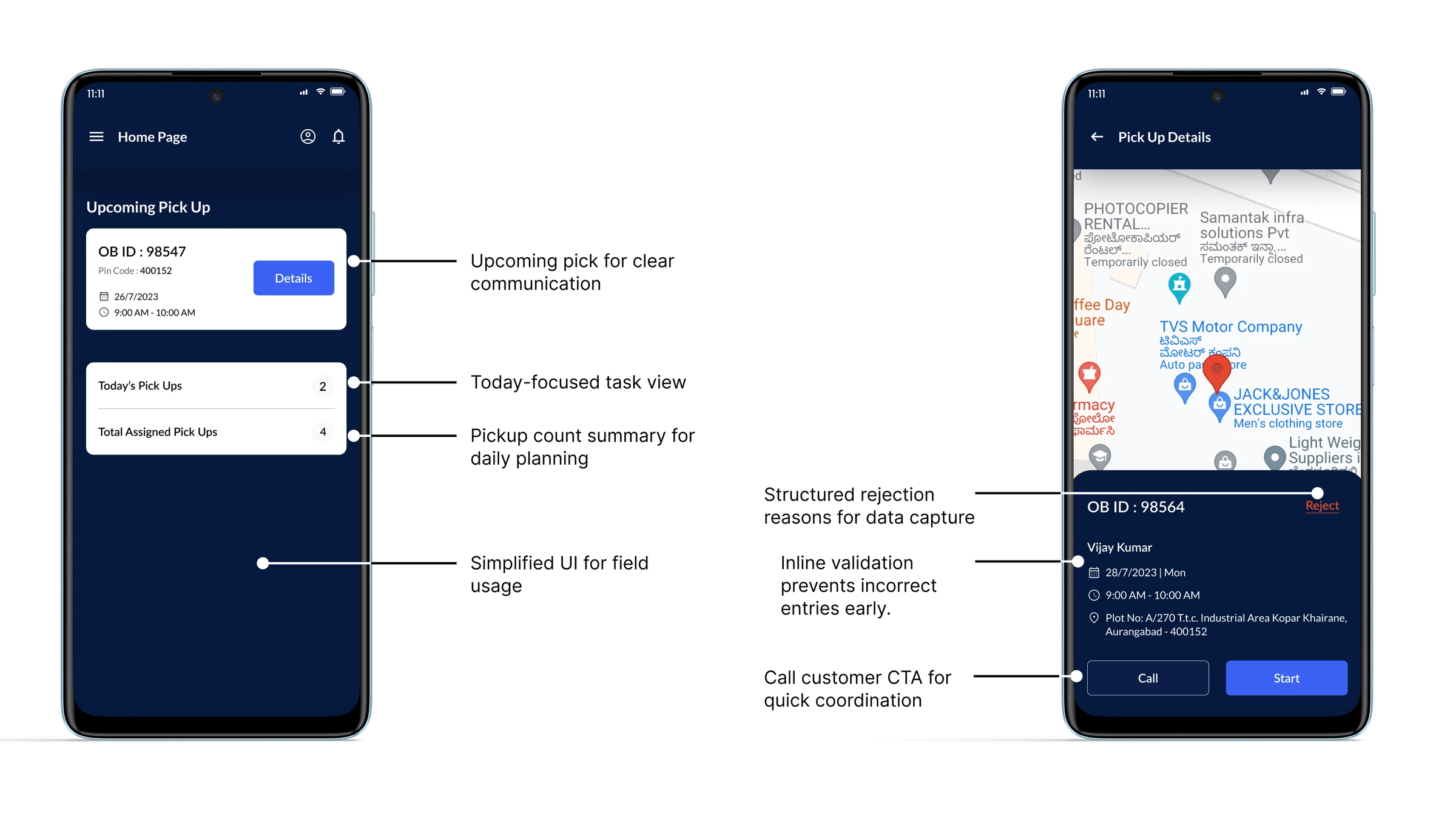 Agent app - home tasks and pickup details with annotations